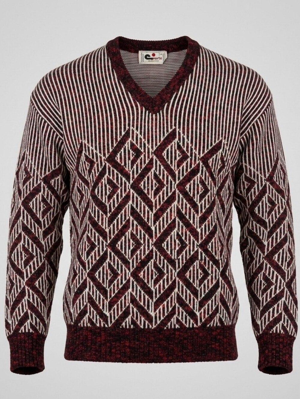 Vintage Cooper Burgundy Geometric V-Neck Wool Blend Men's Grandpa Sweater Size M